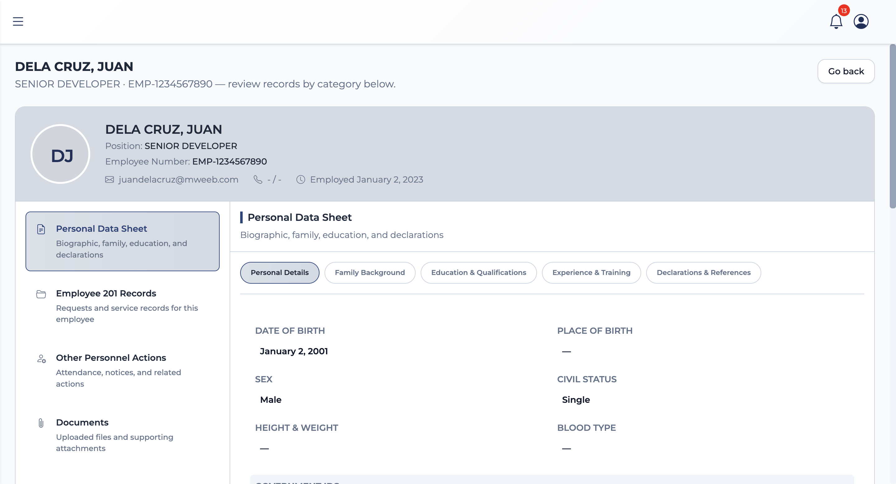HRAX employee profile screen